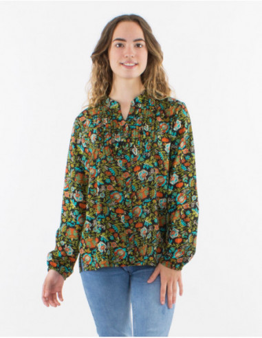 Chemise original ethnique femme à motif fleuri automne 2023 noir