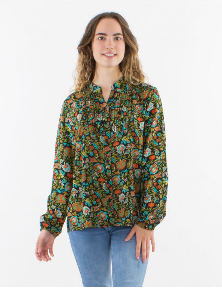 Chemise original ethnique femme à motif fleuri automne 2023 noir