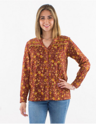 Blouse femme automne fluide motif fleurs dorées rouge bordeaux