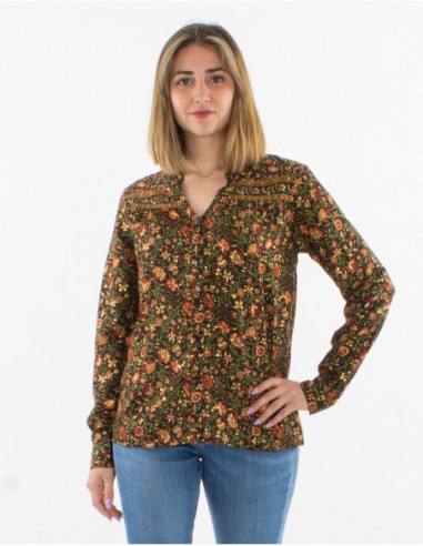 Blouse femme automne fluide motif fleurs dorées noir