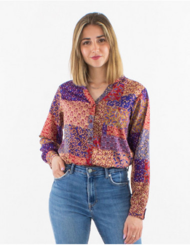 Women's autumnal flowing shirt with blue and brown foliage patchwork pattern