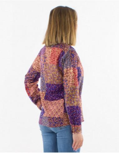 Chemisier boho original pour automne 2023 motif patchwork aux nuances bleu