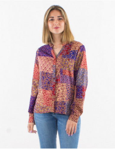 Women's original button-down blouse with blue baba cool patchwork print