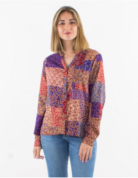Women's original button-down blouse with blue baba cool patchwork print