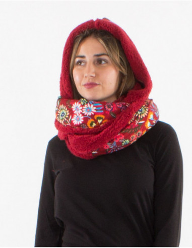 Hooded tube scarf with red floral pattern