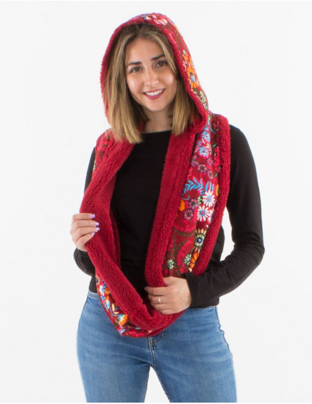 Echarpe tube à capuche fausse fourrure baba cool originale rouge bordeaux