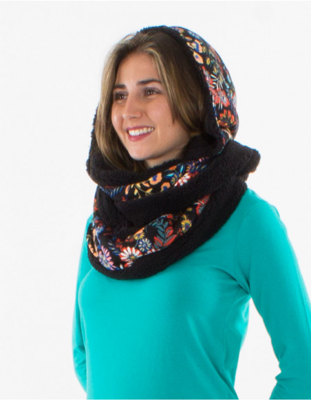 Women's original black floral hooded tube scarf