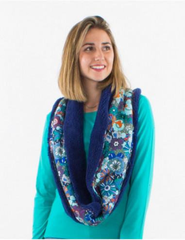 Original furry tube scarf with retro blue floral motif