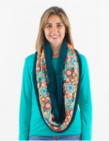 Original furry tube scarf with retro emerald green floral pattern