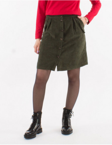 Women’s short flared skirt for winter 23 in khaki green velvet