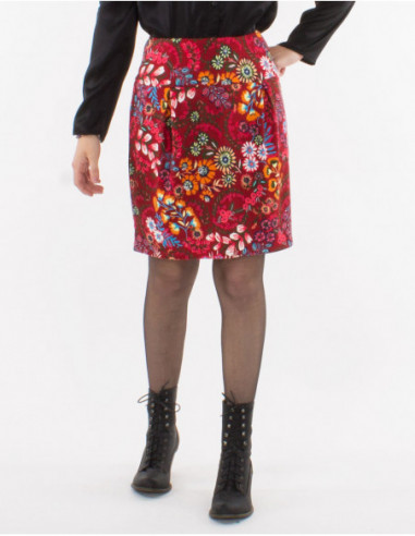 Original winter stretch short skirt in burgundy red floral pattern