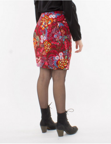 Jupe courte extensible à imprimé fleuri boho rouge bordeaux