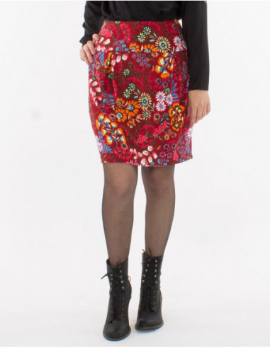 Original floral short skirt for winter with red motif