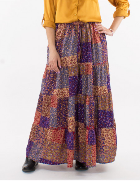 Women's winter 2023 long ruffled skirt with floral patchwork baba cool motif