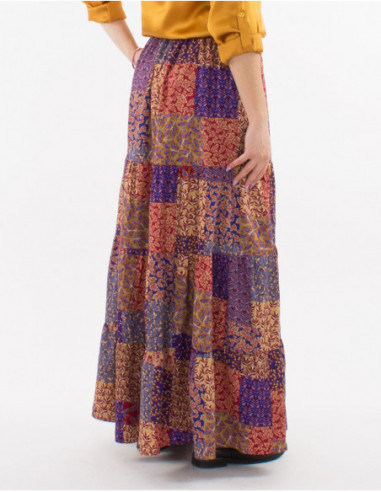 Jupe longue à volants originale pour l'automne 2023 à motif patchwork nuances bleu