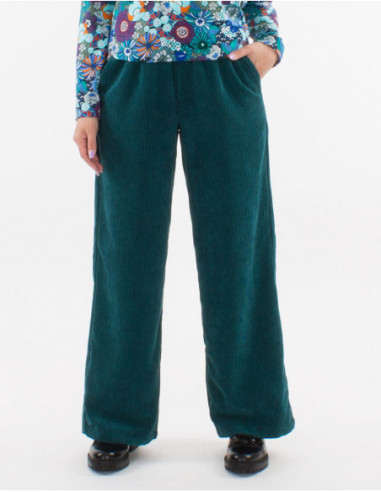 Pantalon chic droit en velours uni bleu émeraude