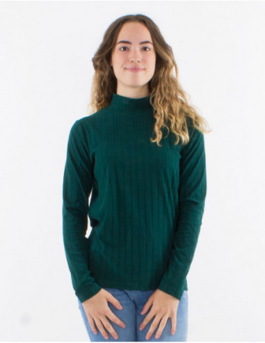 Basic soft stretch sweater with plain emerald green stand-up collar