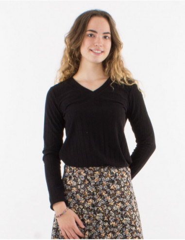 Pull col V sexy femme pour l'hiver uni basique noir