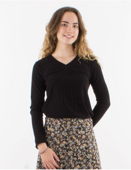 Pull col V sexy femme pour l'hiver uni basique noir