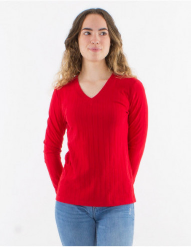 Pull basique doux stretch à col V uni rouge