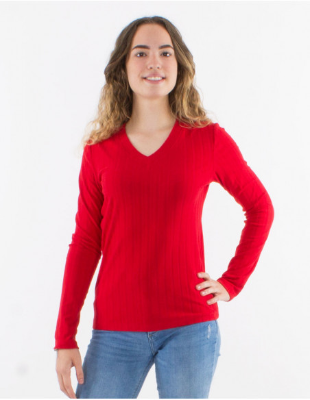 Women's sexy V-neck sweater for winter, plain basic red