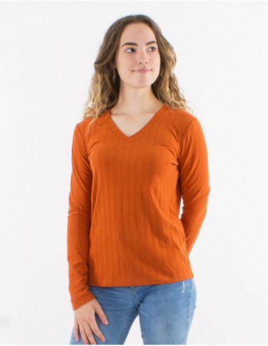 Basic soft stretch V-neck sweater, plain rust