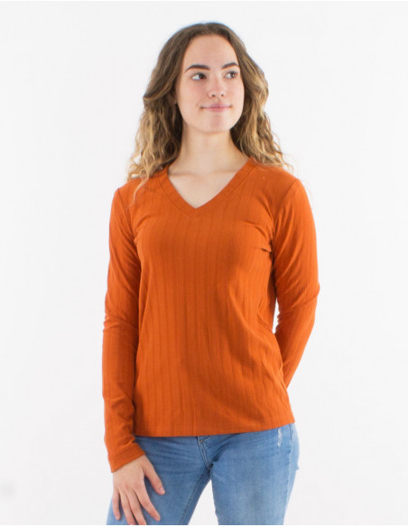 Pull basique doux stretch à col V uni rouille