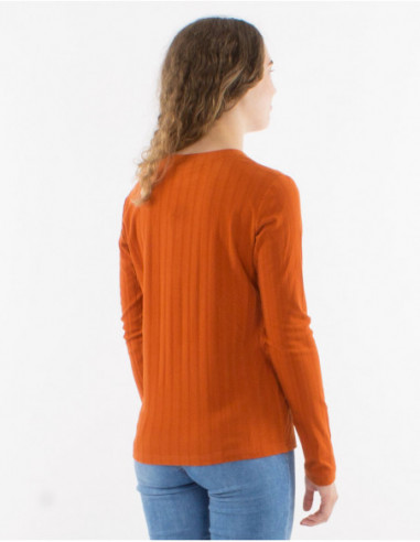 Warm women's winter V-neck sweater in basic rust color