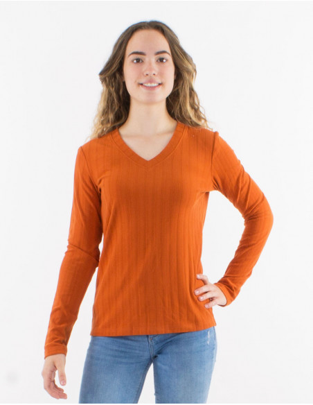 Women's sexy winter V-neck sweater, plain basic in rust