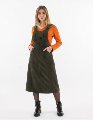 Basic khaki green velvet midi dungaree dress