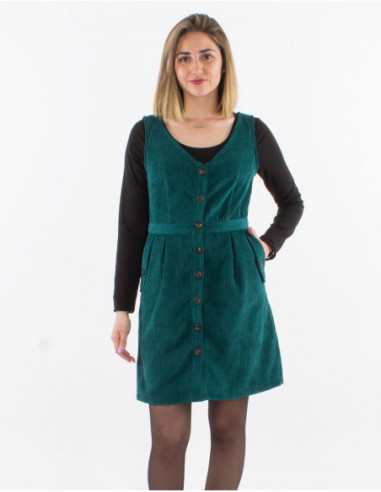 Short sleeveless bubble dress in plain emerald velvet
