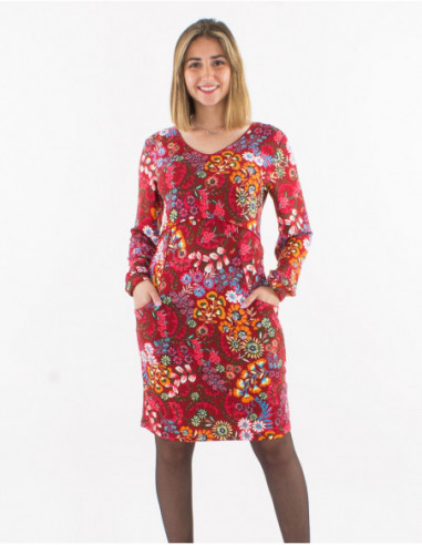 Robe courte orignale stretch fleuri boho rouge bordeaux