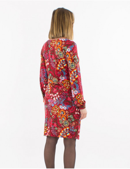 Robe mi longue extensible ethnique motif fleurs rouge bordeaux