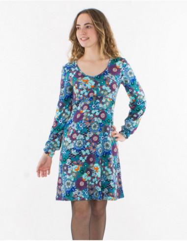 Robe courte stretch pour l'hiver originale fleurs rétro bleu