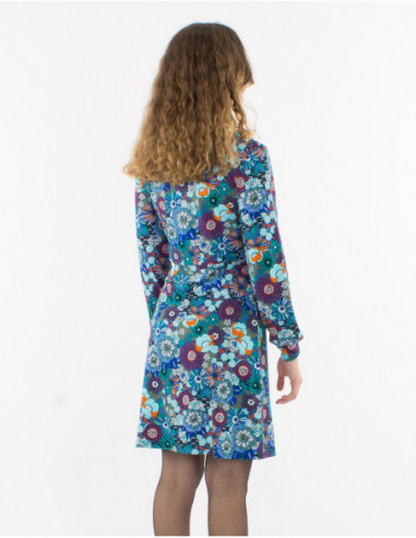 70's blue boho floral print stretch short dress for women