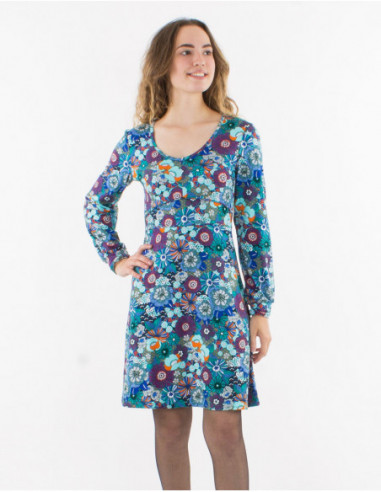 Original short dress in soft fabric with retro chic blue flower motifs
