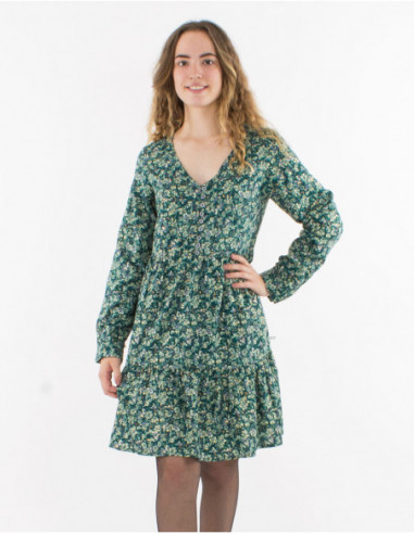 Robe courte originale fleurie dorée pour femme chic vert émeraude