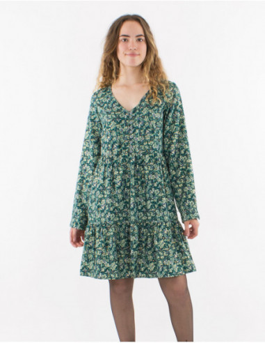 Autumnal midi-length dress with romantic emerald-green flower print
