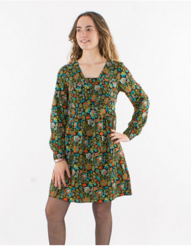 Original short skater dress with floral print and hippie bouquet in black