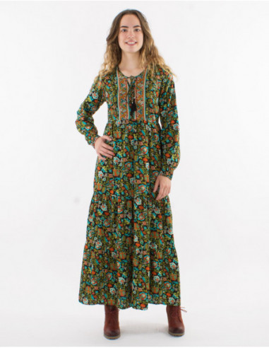Autumnal women's hippie chic long dress with black floral motif