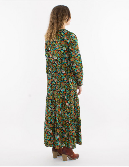 Original flowing long dress for winter with black leaves and flowers motif