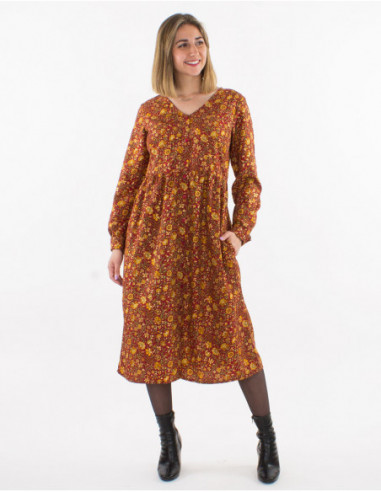 Robe midi à boutons romantique motif petites fleurs dorées pour l'automne rouge bordeaux