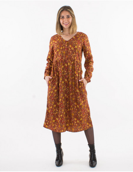 Robe longue mollet originale pour l'hiver à imprimé fleuri doré rouge bordeaux