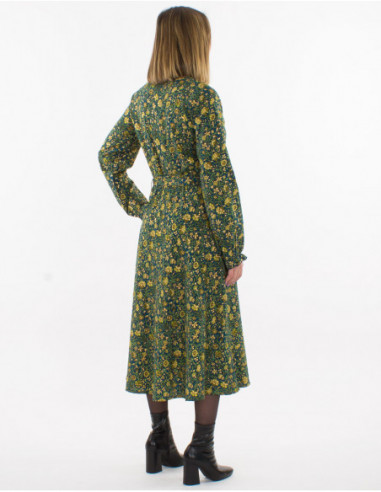 Original fall calf-length dress in chic emerald-gold floral print