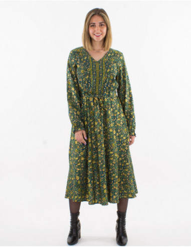 Autumnal women's midi dress with chic small flower print in emerald green gold