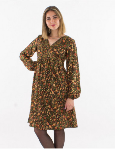 Robe courte évasée originale à petites fleurs dorées automnale noir