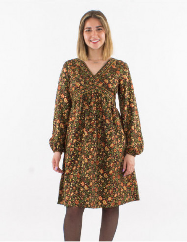 Original short dress for winter 2023 in chic black gold floral pattern