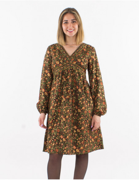 Robe courte originale pour l'hiver 2023 à motif fleuri doré chic noir