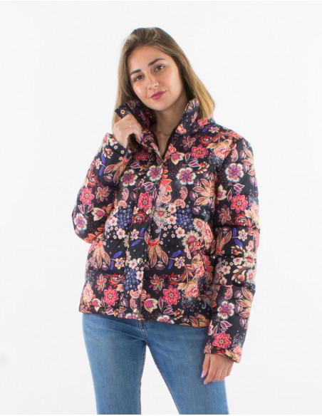 Women's winter down jacket with hippie floral print and black cashmere