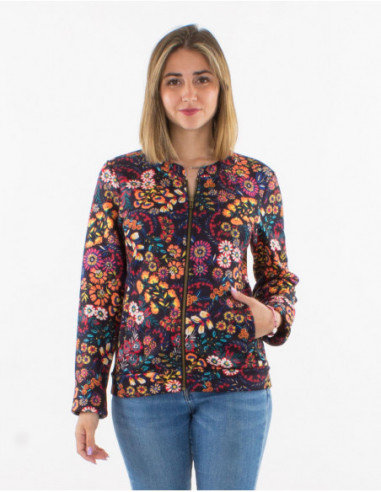 Veste courte chaude intérieur fausse fourrure à imprimé floral bohème